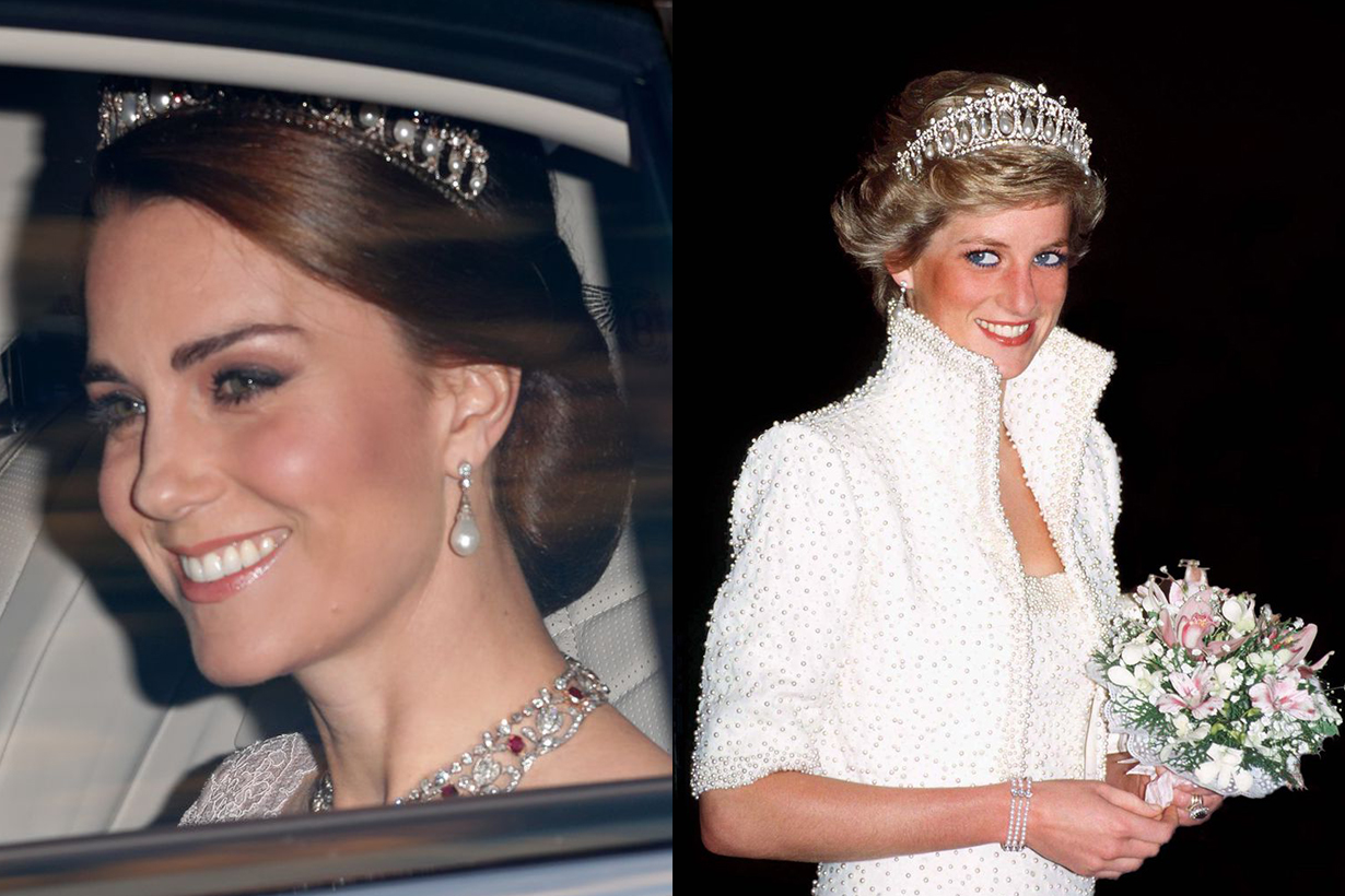 Princess Diana wearing the tiara in Hong Kong in 1989 and Kate Middleton in the Lover’s Knot tiara in 2017