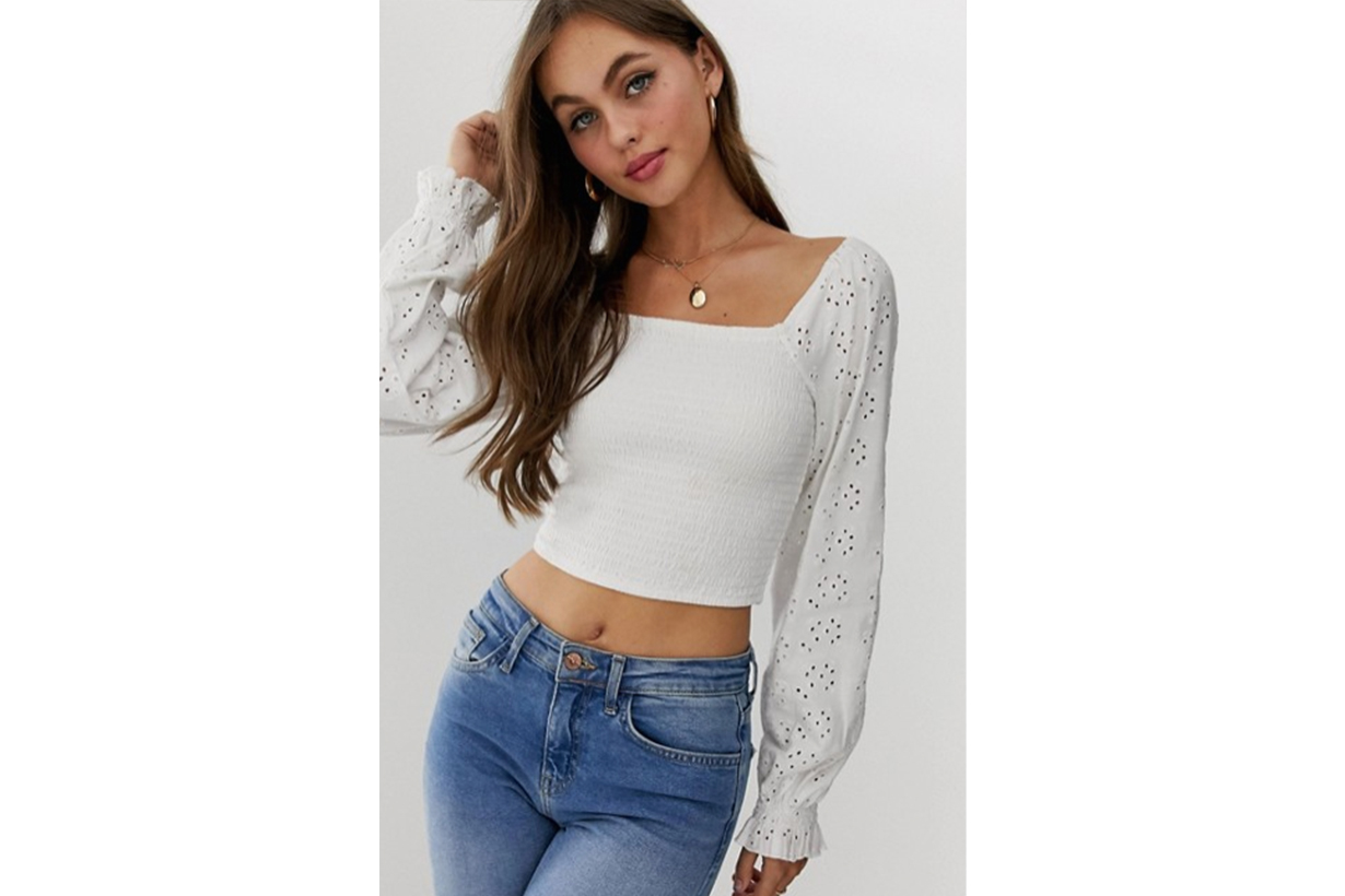 ASOS DESIGN Shirred Top with Square Neck and Broderie Sleeve