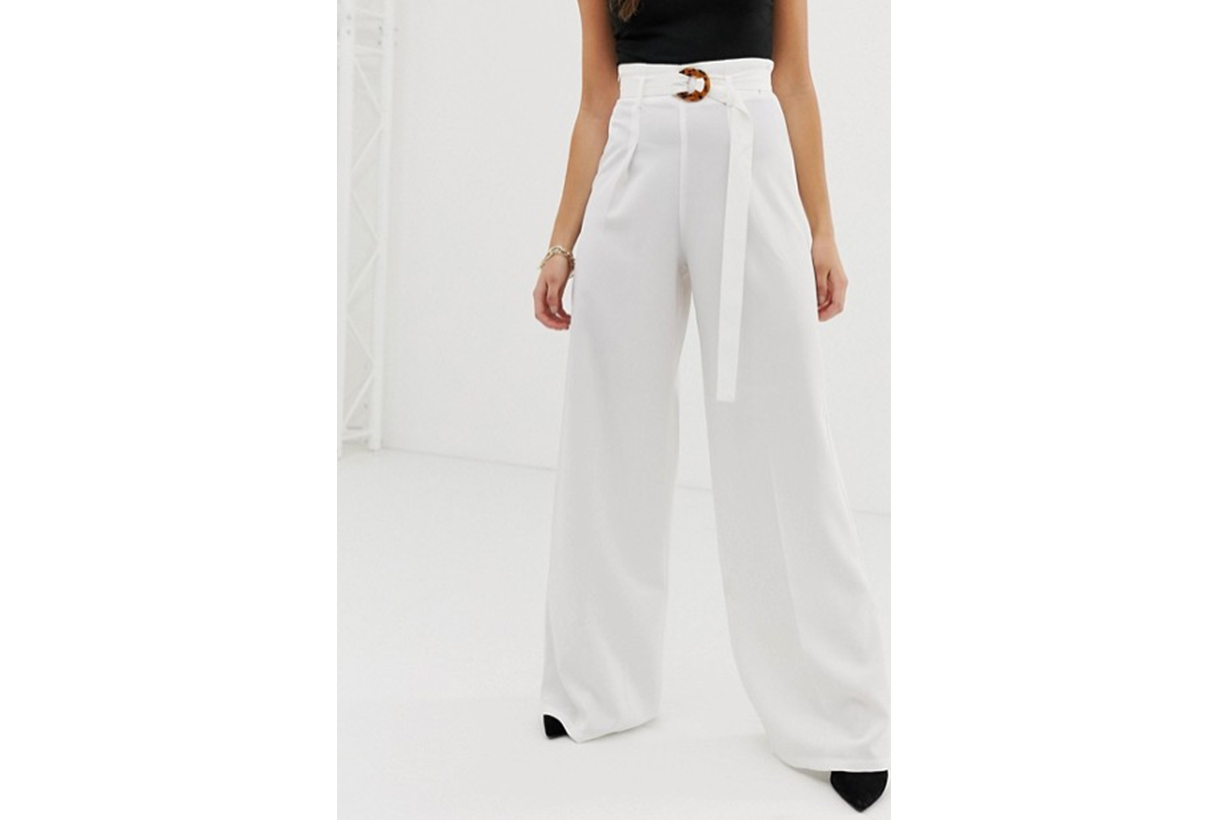 PrettyLittleThing wide leg trousers with tortoiseshell belt in white