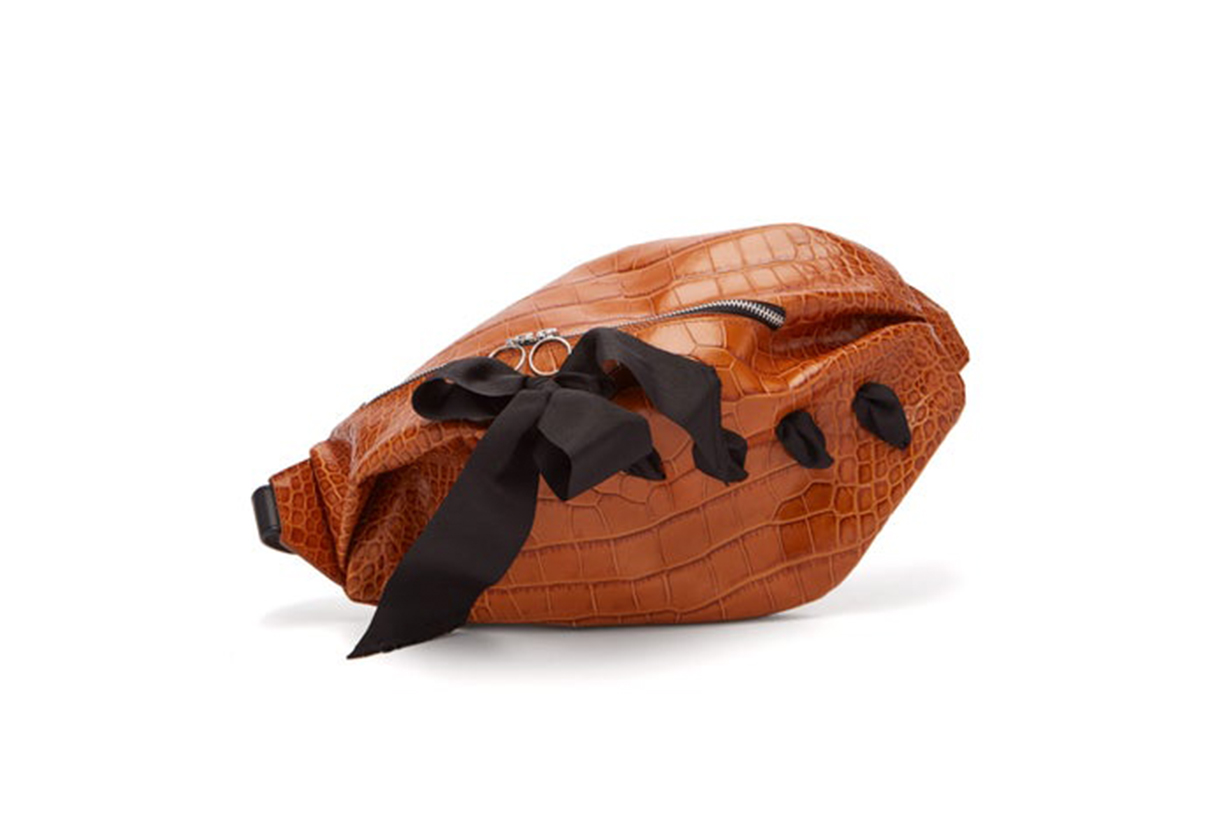 Bow-Detailed Crocodile-Effect Leather Belt Bag