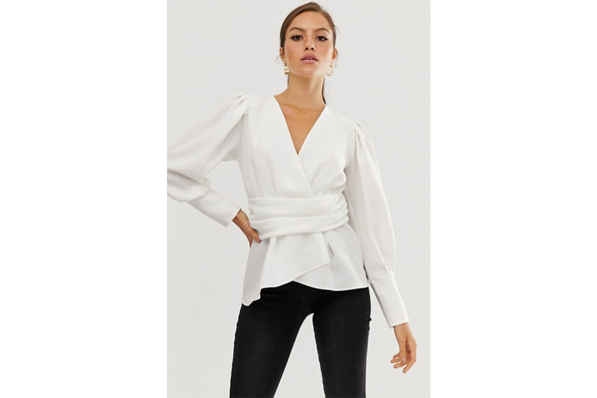 River Island Long Sleeve Wrap Blouse in White