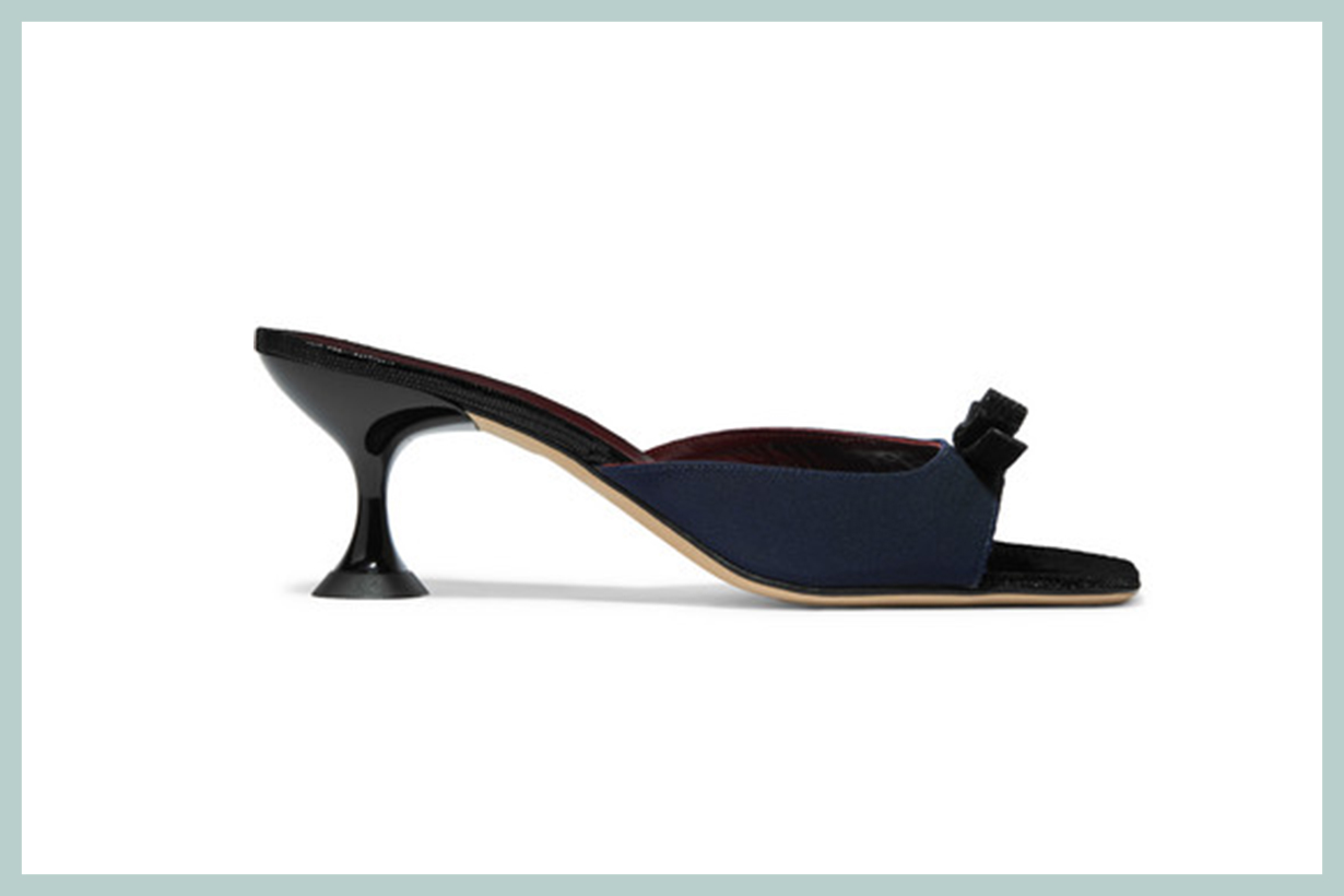 Leo Bow-Embellished Faille and Lizard-Effect Leather Mules