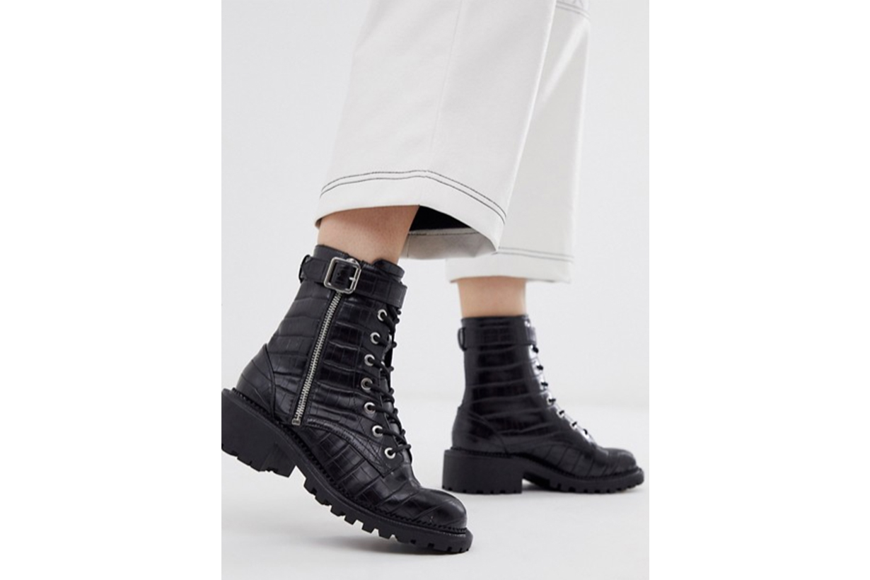 ASOS DESIGN Anya Hardware Lace Up Boots in Black Croc
