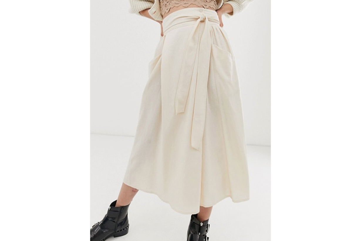 ASOS DESIGN Wrap Midi Skirt with Tie Side and Pockets