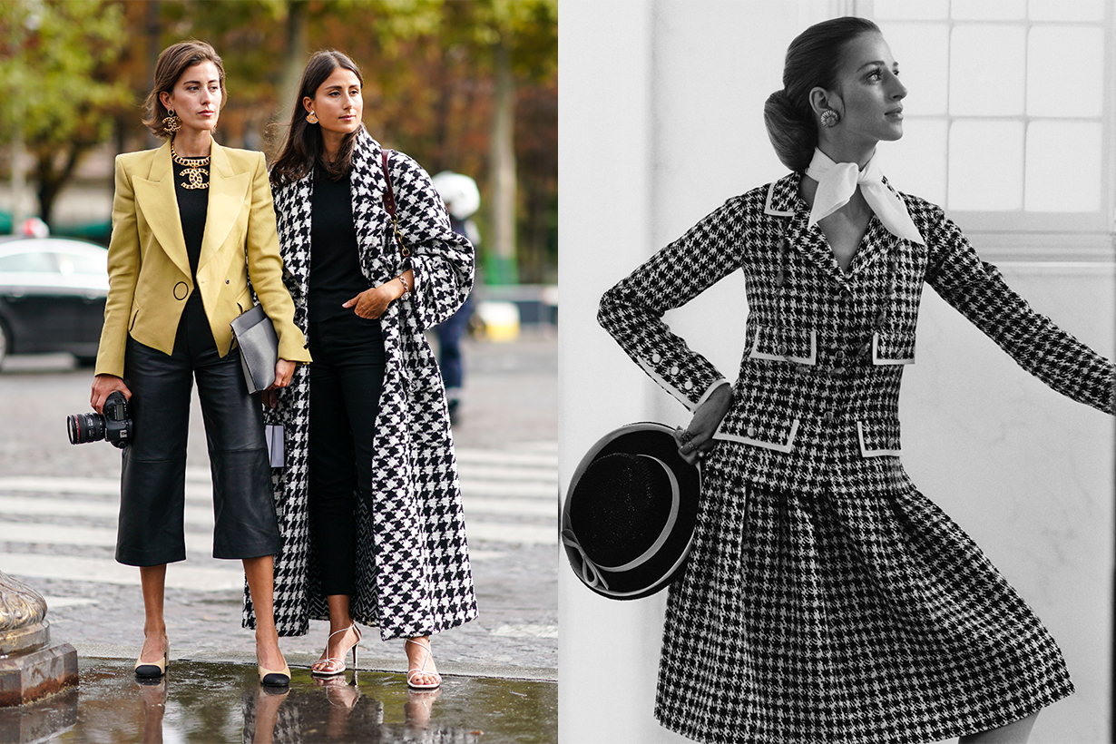 Model wearing Chanel Houndstooth Suit 1969