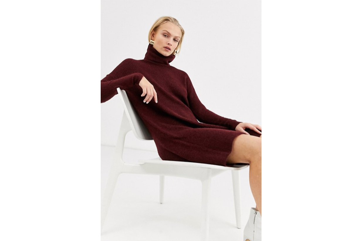 Only Knitted Roll Neck Dress in Burgundy