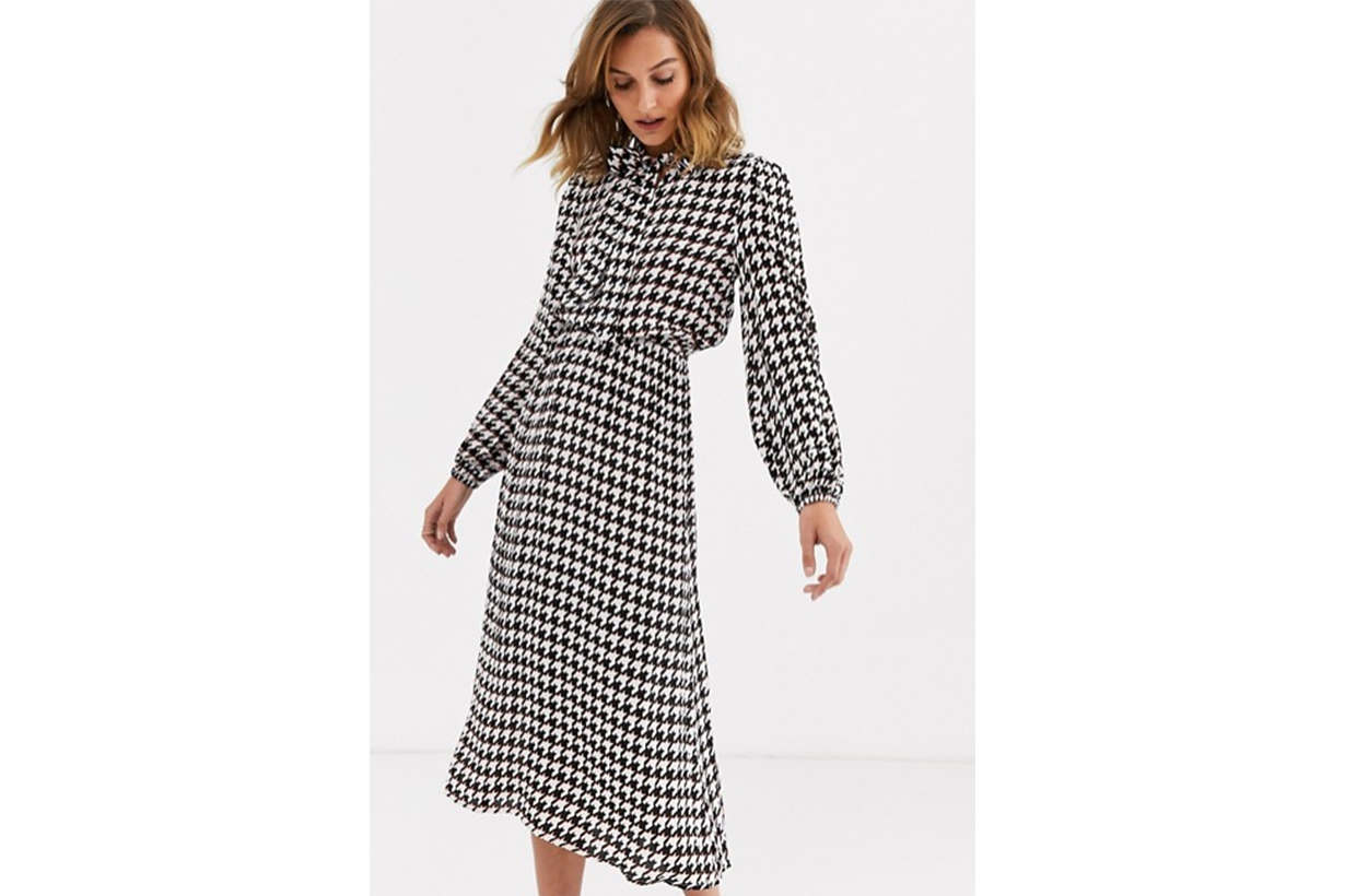 River Island Midi Dress with Pussybow in Dogtooth