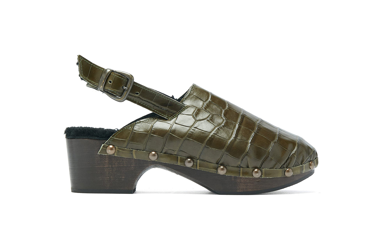 Ruka Crocodile-Effect Leather and Shearling Clogs