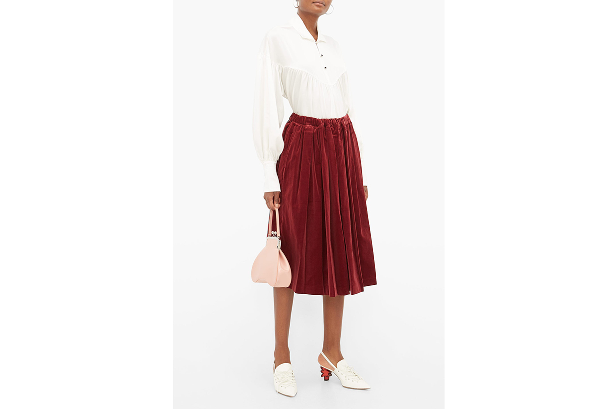 Pleated Velvet Midi Skirt