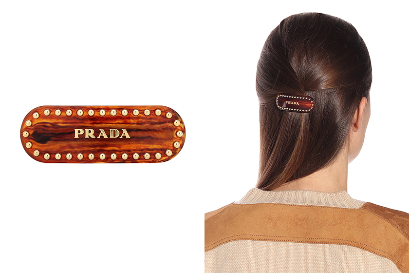 prada logo hair clip style