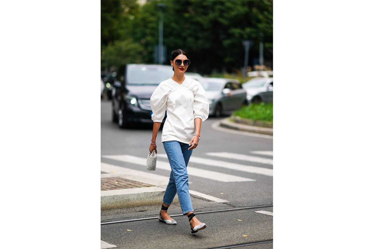 White Top, Jeans with Flats Street Style