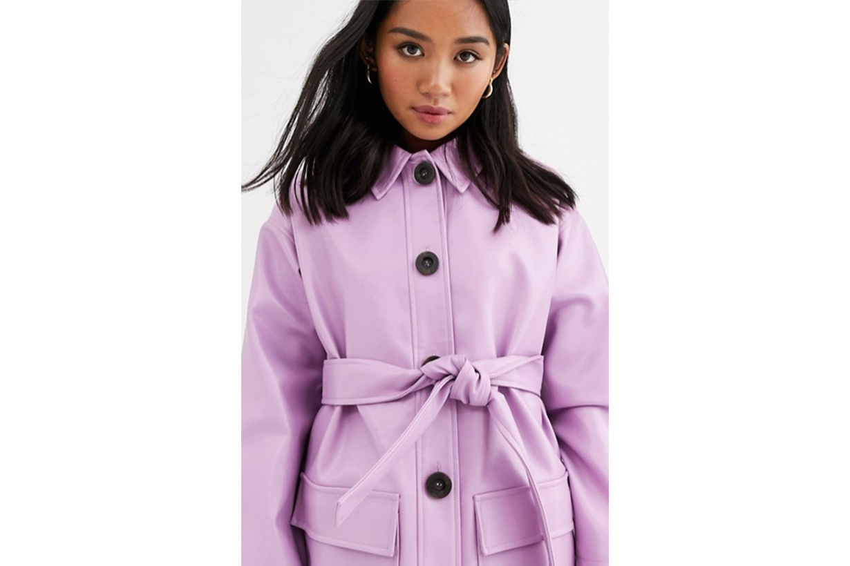ASOS DESIGN Petite Button Through Leather Look Belted Jacket in Lilac