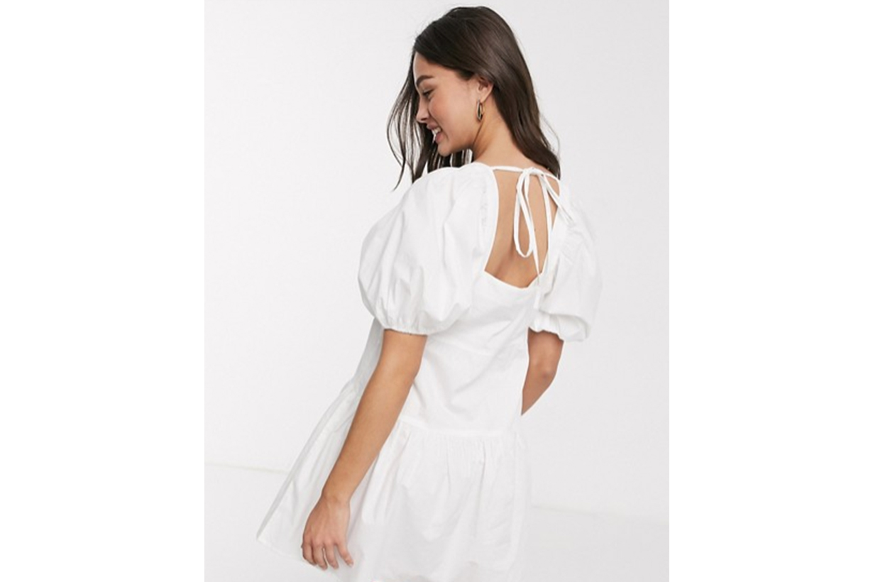 Influence puff sleeve tiered square neck mini smock dress in white