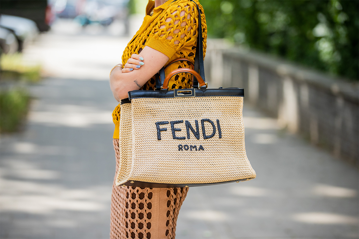 Lisa Hahnbueck is seen wearing total look Fendi, straw bag, polo shirt, brown skirt on June 12, 2020 in Dusseldorf, Germany.