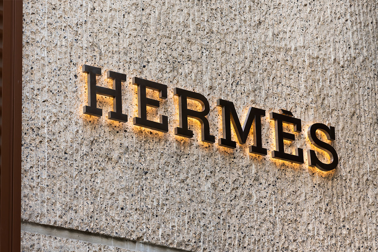 A view of a French high fashion luxury goods manufacturer Hermes logo.
