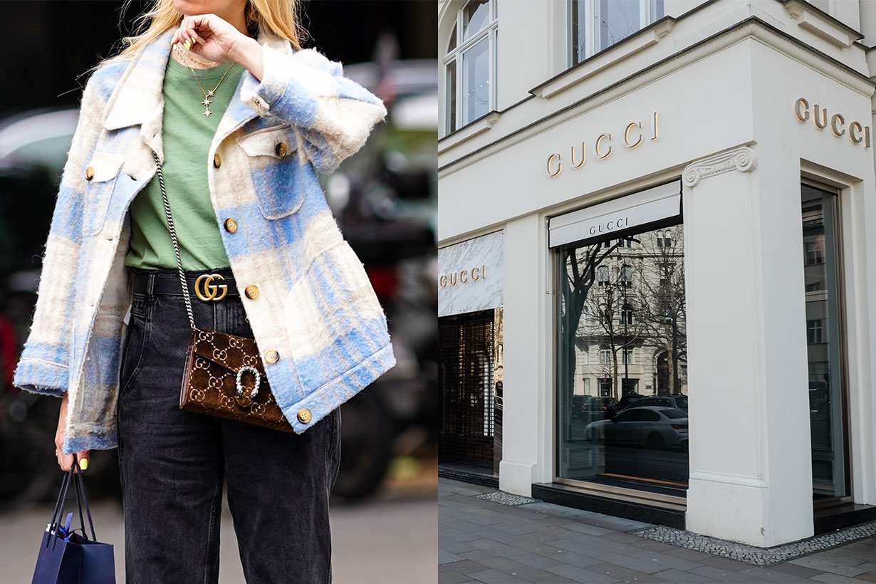 A passerby wears a blue and white wool vest, a green t-shirt, a Gucci belt, a Gucci Dionysus brown velvet monogram bag, a golden necklace, black denim jeans, holds a blue paper shopping bag, on July 04, 2020 in Paris, France.