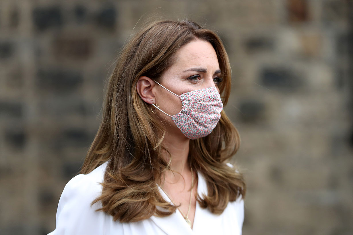 Catherine, Duchess of Cambridge, wearing a face mask, leaves after a visit to Baby Basic UK & Baby Basics Sheffield on August 04, 2020 in Sheffield, England. Baby Basics is a volunteer project supporting families in need struggling to provide for their newborns.