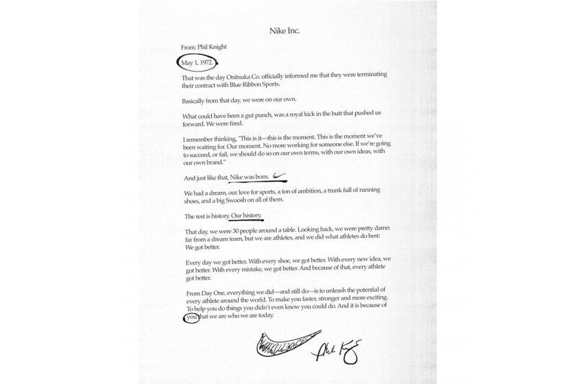 nike Phil Knight 50th anniversary story founder letter 