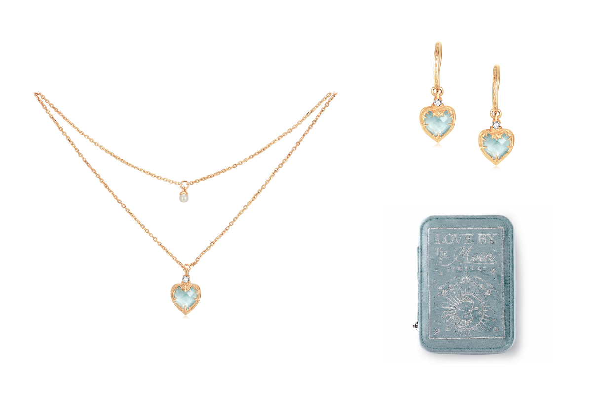 款式一： 心形海藍寶 淡水珍珠 雙層頸鏈 +同系列 耳環+粉藍色刺繡絲絨雙層首飾盒 （金色）（價值HKD 2046)