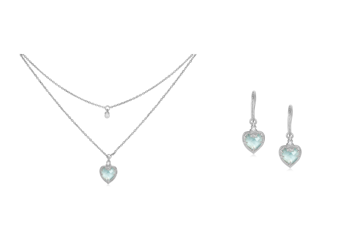 款式三：心形海藍寶淡水珍珠雙層頸鏈+ 同系列耳環（銀色）(價值HKD 1596）